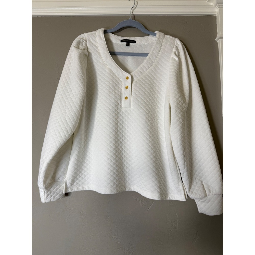 Adrienne Vittadini White Quilted Henley Pullover V-Neck Puff Sleeve Top L
